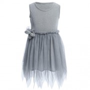 HAN EDITION JEWEL COLLAR SLEEVELESS SOLID COLOR ASYMMETRIC GAUZE GIRLS PRINCESS DRESS (GRA