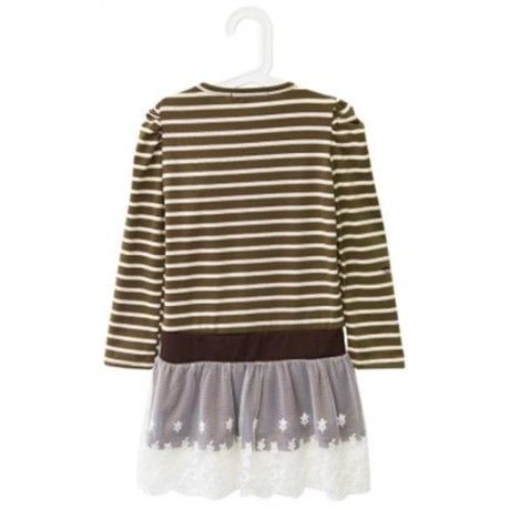 CASUAL ROUND COLLAR LONG SLEEVE STRIPE COTTON LACE BOWKNOT GIRLS DRESS (CAMEL)