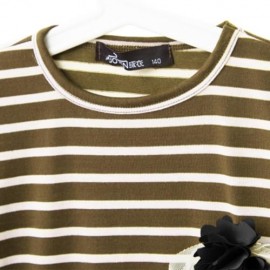 CASUAL ROUND COLLAR LONG SLEEVE STRIPE COTTON LACE BOWKNOT GIRLS DRESS (CAMEL)