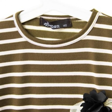 CASUAL ROUND COLLAR LONG SLEEVE STRIPE COTTON LACE BOWKNOT GIRLS DRESS (CAMEL)