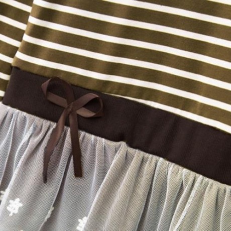 CASUAL ROUND COLLAR LONG SLEEVE STRIPE COTTON LACE BOWKNOT GIRLS DRESS (CAMEL)
