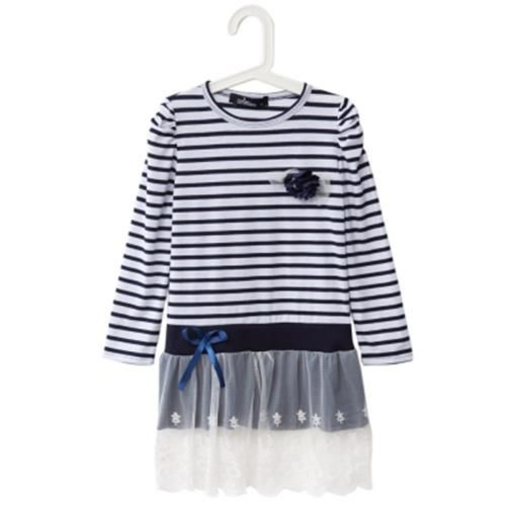 CASUAL ROUND COLLAR LONG SLEEVE STRIPE COTTON LACE BOWKNOT GIRLS DRESS (BLUE)