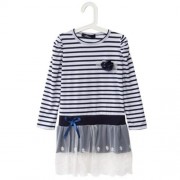 CASUAL ROUND COLLAR LONG SLEEVE STRIPE COTTON LACE BOWKNOT GIRLS DRESS (BLUE)