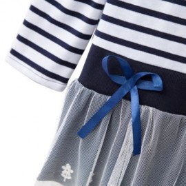 CASUAL ROUND COLLAR LONG SLEEVE STRIPE COTTON LACE BOWKNOT GIRLS DRESS (BLUE)
