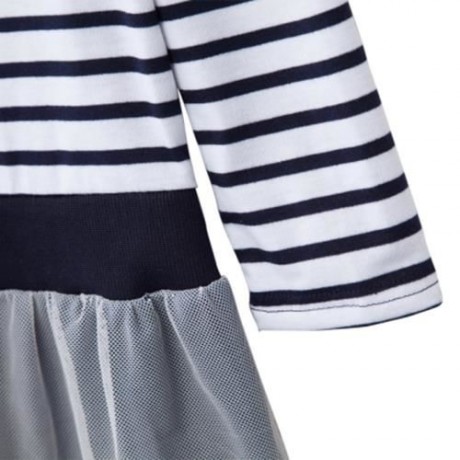 CASUAL ROUND COLLAR LONG SLEEVE STRIPE COTTON LACE BOWKNOT GIRLS DRESS (BLUE)
