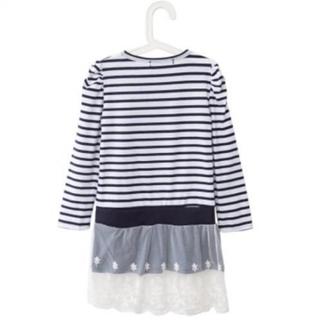 CASUAL ROUND COLLAR LONG SLEEVE STRIPE COTTON LACE BOWKNOT GIRLS DRESS (BLUE)