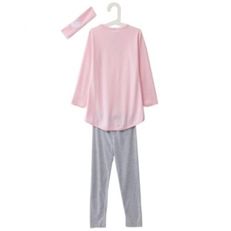 3PCS TRENDY ROUND COLLAR FULL SLEEVE HEART APPLIQUE GIRLS TWINSET WITH HEADBAND (PINK)