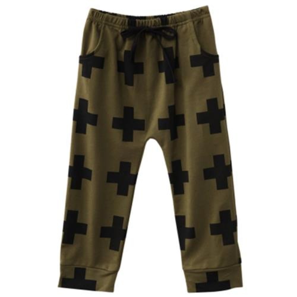 CHIC CROSS PRINT COTTON ELASTIC WAIST BOYS HAREM PANTS (GREEN)