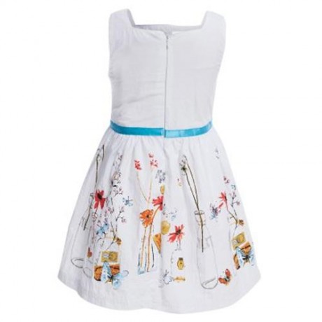 FRESH STYLE BOAT COLLAR SLEEVELESS FLOWER BUTTERFLY PRINT COTTON GIRLS DRESS (WHITE)