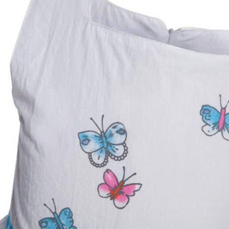 FRESH STYLE BOAT COLLAR SLEEVELESS FLOWER BUTTERFLY PRINT COTTON GIRLS DRESS (WHITE)