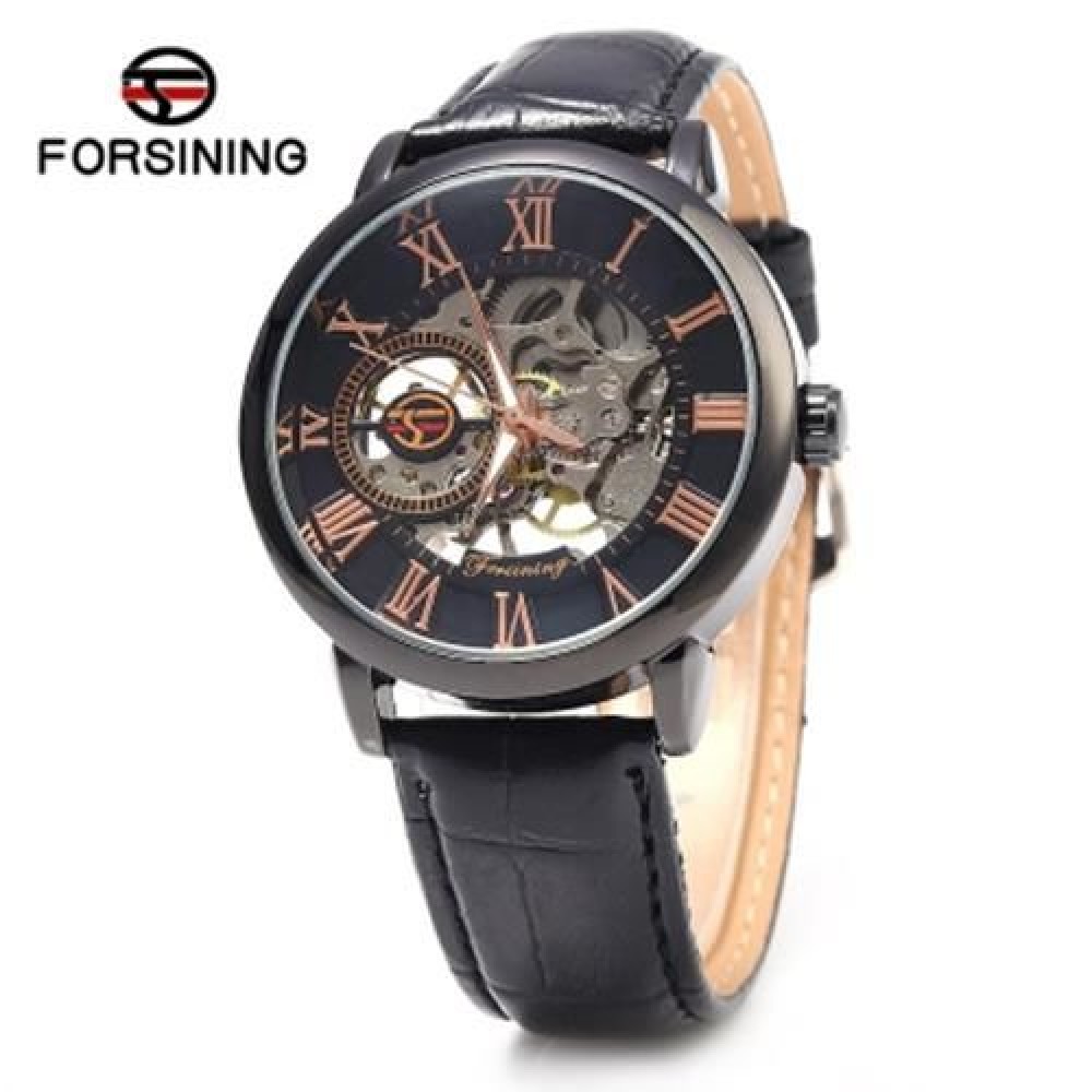 FORSINING SELF-WINDING AUTO MECHANICAL LEATHER WRIST WATCH FOR MEN (BLACK   ROSE GOLD)