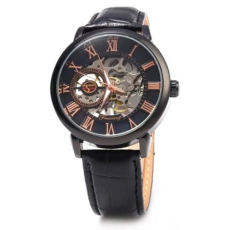 FORSINING SELF-WINDING AUTO MECHANICAL LEATHER WRIST WATCH FOR MEN (BLACK   ROSE GOLD)