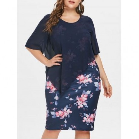 Plus Size Casual Mesh Overlay Dress (CADETBLUE)