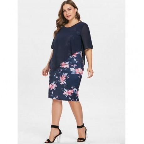Plus Size Casual Mesh Overlay Dress (CADETBLUE)