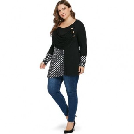 Plus Size Dotted Draped Asymmetrical T-shirt (BLACK)