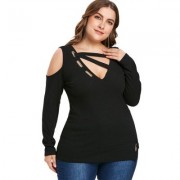 Plus Size Cold Shoulder Cut Out T-shirt (BLACK)