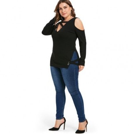 Plus Size Cold Shoulder Cut Out T-shirt (BLACK)