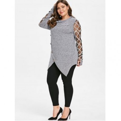Plus Size Asymmetrical Mesh Insert Ribbed Knitwear (GRAY)