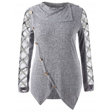 Plus Size Asymmetrical Mesh Insert Ribbed Knitwear (GRAY)