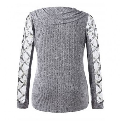 Plus Size Asymmetrical Mesh Insert Ribbed Knitwear (GRAY)