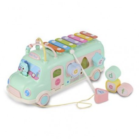 1022 - 9 Baby School Bus Toy Music Car with Percussion Piano Matching Blocks (MACAW BLUE G
