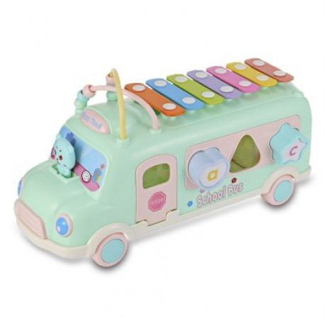 1022 - 9 Baby School Bus Toy Music Car with Percussion Piano Matching Blocks (MACAW BLUE G
