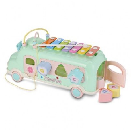 1022 - 9 Baby School Bus Toy Music Car with Percussion Piano Matching Blocks (MACAW BLUE G