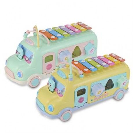1022 - 9 Baby School Bus Toy Music Car with Percussion Piano Matching Blocks (MACAW BLUE G