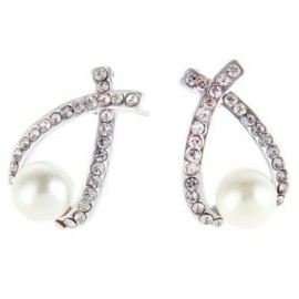 FAUX PEARL RHINESTONE EMBELLISHED LADIES INTERSECT STUD EARRINGS (SILVER)