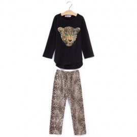 FASHIONABLE ROUND COLLAR LONG SLEEVE LEOPARD PRINT ASYMMETRICAL TWINSET FOR GIRLS (BLACK)
