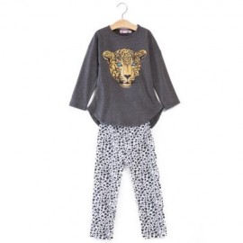 FASHIONABLE ROUND COLLAR LONG SLEEVE LEOPARD PRINT ASYMMETRICAL TWINSET FOR GIRLS (GRAY)