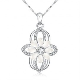 FLOWER DESIGN FAUX OPAL ZIRCON EMBELLISHED PENDANT NECKLACE FOR WOMEN (SILVER)