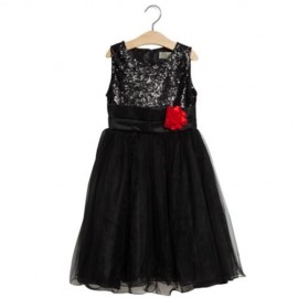 SWEET ROUND COLLAR SLEEVELESS SOLID COLOR GAUZE SEQUINS FLOWER DECORATION GIRLS DRESS (BLA