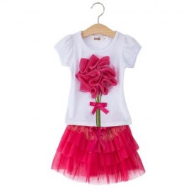 CHILDREN SUIT T-SHIRT SHORT SKIRT WITH APPLIQUE (ROSE)