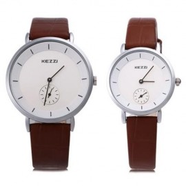 KEZZI KW - 1080 COUPLE QUARTZ WATCH ROUND WITH SMALL SECOND DIAL LEATHER BAND WRISTWATCH (