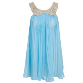CUTE SOLID COLOR COL CLAUDINE SLEEVELESS SEQUINS CHIFFON RUFFLE DRESS FOR GIRLS (LIGHT BLU