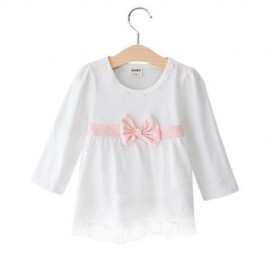 SWEET SOLID COLOR VOILE LACE BOW LONG SLEEVE SCOOP NECK PRINCESS DRESS FOR KIDS (WHITE)