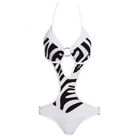 SEXY BIKINI ZEBRA PRINT RHINESTONE EMBELLISHED WIRE LOOP ONE PIECE SWIMMING SUIT FOR LADY 