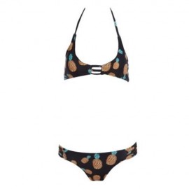 WOMEN SEXY REVERSIBLE SPAGHETTI STRAP PINEAPPLE PATTERN PADDING BIKINI SET SWIMWEAR (BLACK