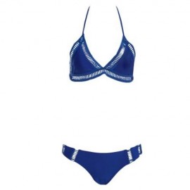 WOMEN SEXY HALTER TRIANGLE PADDING BIKINI SET SWIMWEAR (BLUE)