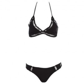 WOMEN SEXY HALTER TRIANGLE PADDING BIKINI SET SWIMWEAR (BLACK)