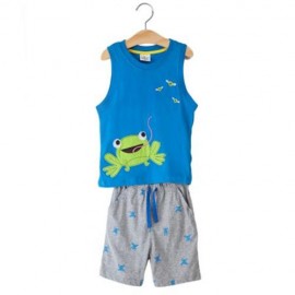 2PCS ROUND NECK SLEEVELESS FROG PRINTED COTTON T-SHIRT SUIT WITH HALF PANTS FOR BOYS (BLUE