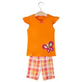 2PCS CUTE ROUND NECK SHORT SLEEVE BUTTERFLY APPLIQUE COTTON BABY GIRLS T-SHIRT WITH HALF P