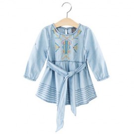 BREATHABLE ROUND NECK LONG SLEEVE EMBROIDERED DENIM DRESS FOR GIRLS (DENIM BLUE)