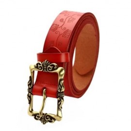 VINTAGE WOMEN GENUINE LEATHER FLOWER PRINT METAL BUTTON BELT (RED)