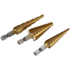 3PCS HSS 6541 HEX SHANK STEP CONE DRILL BIT SET TITANIUM COATED HOLE CUTTER (GOLDEN)