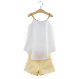 2PCS CHIC SLEEVELESS GIRLS CHIFFON TOP BLOUSE WITH HALF PANTS (WHITE)
