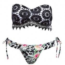 SEXY STRAPLESS FLORAL LOW WAIST PRINTED LACE-UP BIKINI SET FOR WOMEN (BLACK)