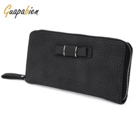 GUAPABIEN BOWKNOT EMBELLISHMENT LICHEE PATTERN HORIZONTAL ZIPPER WALLET FOR LADY (BLACK)