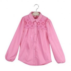 TURN-DOWN COLLAR OPENWORK FLOWERS GIRLS LONG SLEEVE SHIRT WITH BUTTON (PINK)